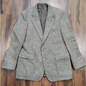 Vintage English Manor Brown Wool Herringbone Blazer With Leather Elbow Patch 42R